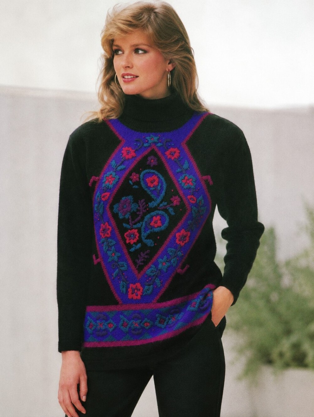 VTG Segue Angora Silk Blend Sweater 80's  M 10-12 Turtle Neck Tunic Floral Black